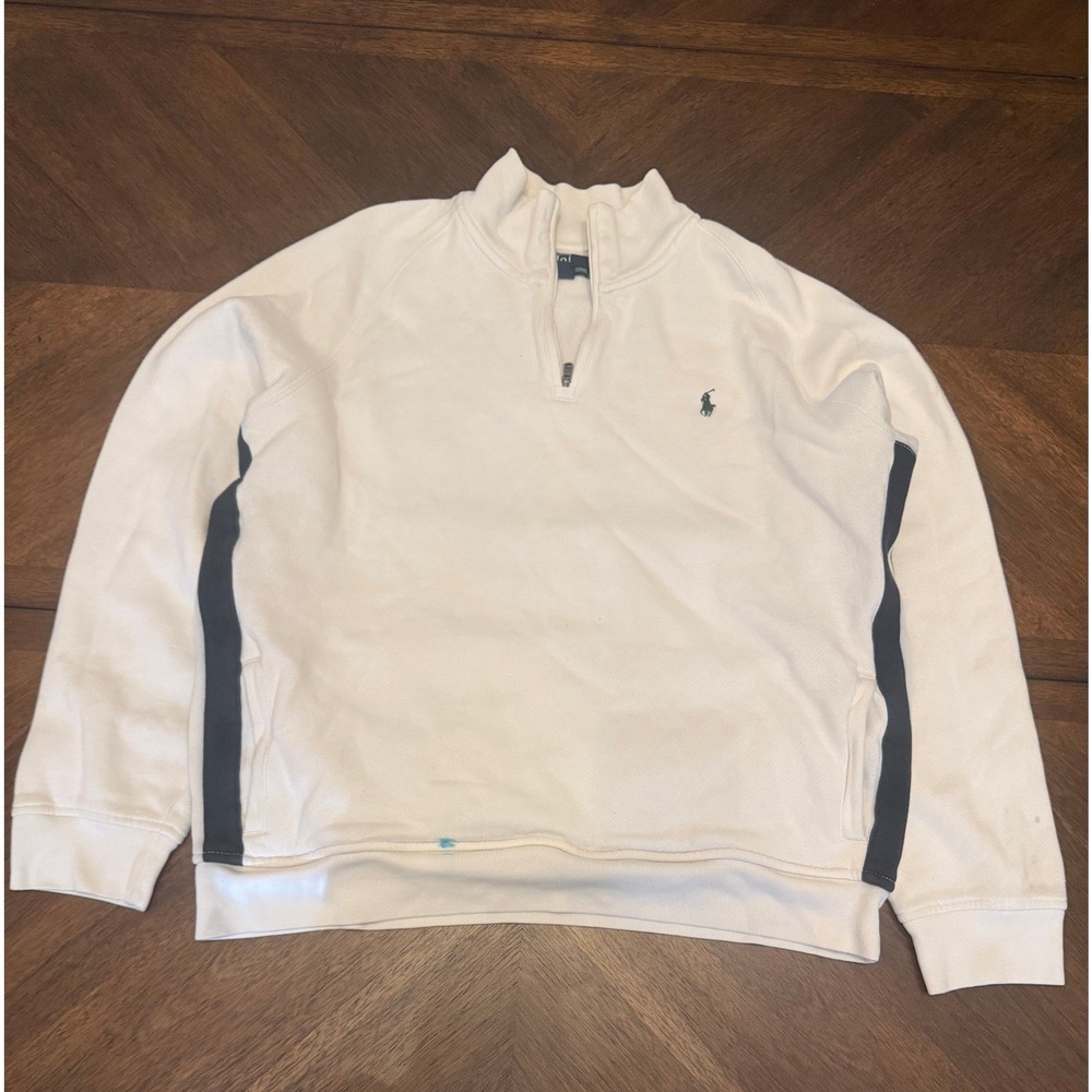 Polo Ralph Lauren Mens XL Quarter Zip Sweatshirt Cream Navy Side Stripe Pullover
